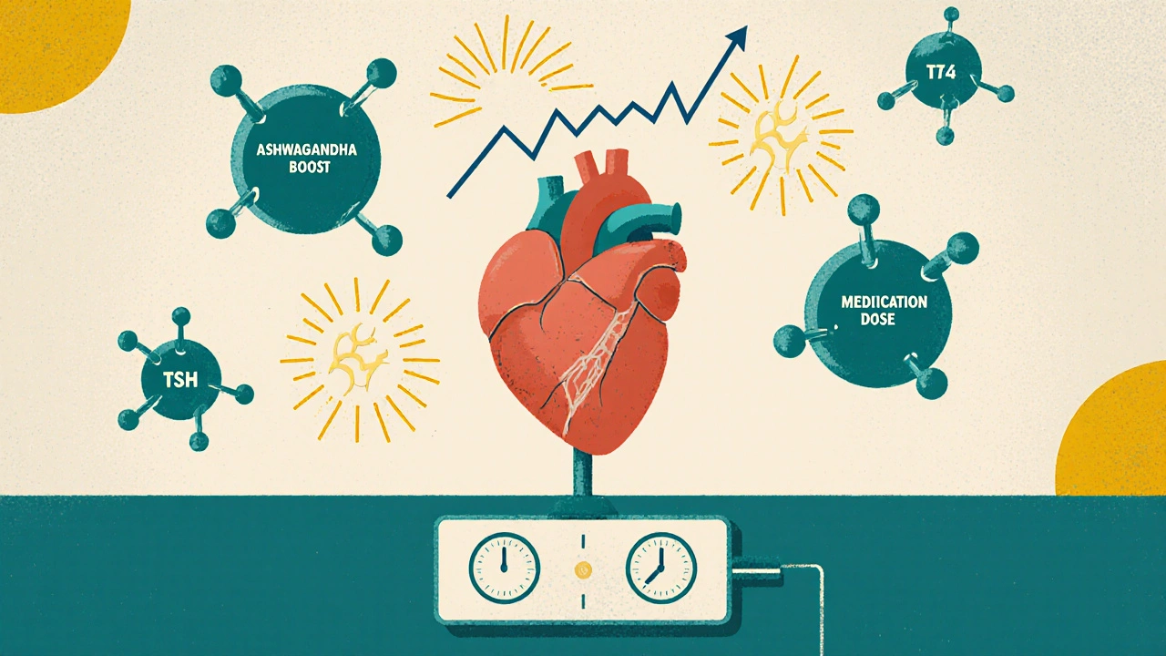 A heart with rising thyroid hormone molecules, one labeled &#039;Ashwagandha Boost&#039;, in retro style.