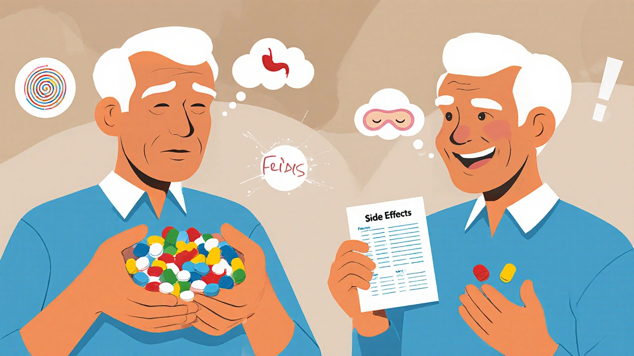 A man transitions from overwhelmed by many pills to confident with just a few, as side effect icons fade away.