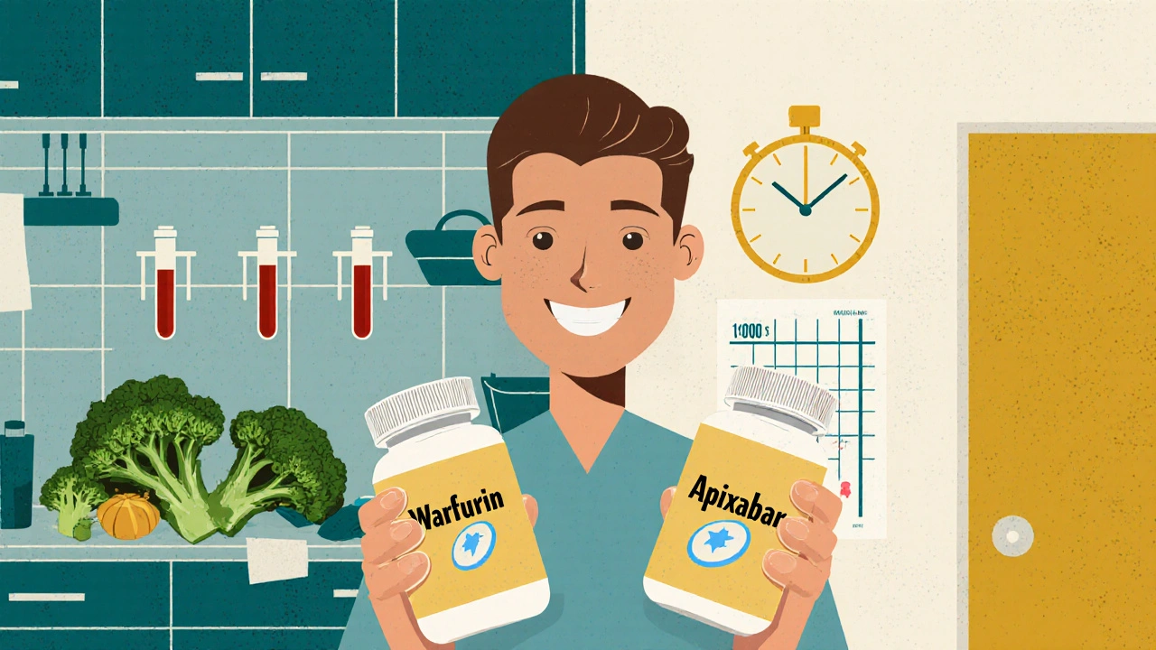 A patient holding warfarin and apixaban bottles between contrasting kitchen and bathroom scenes