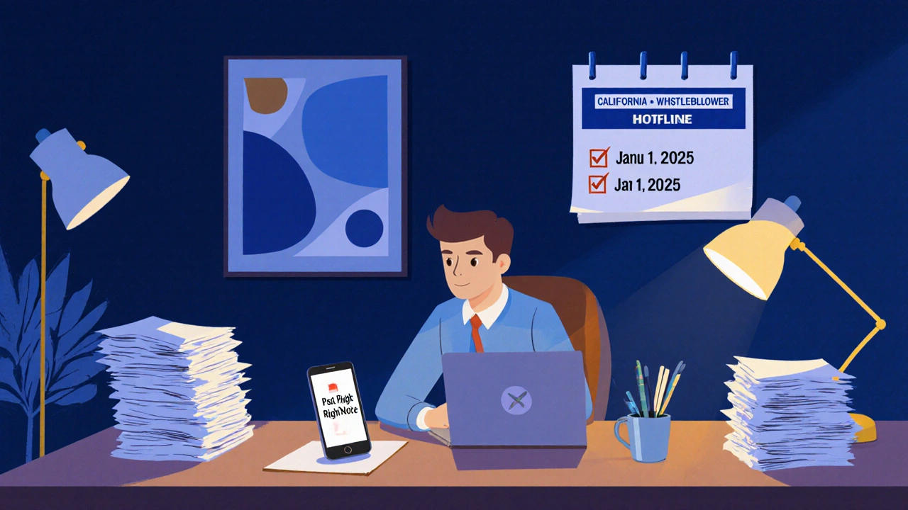 A person reviewing documents at home with the whistleblower hotline visible on phone