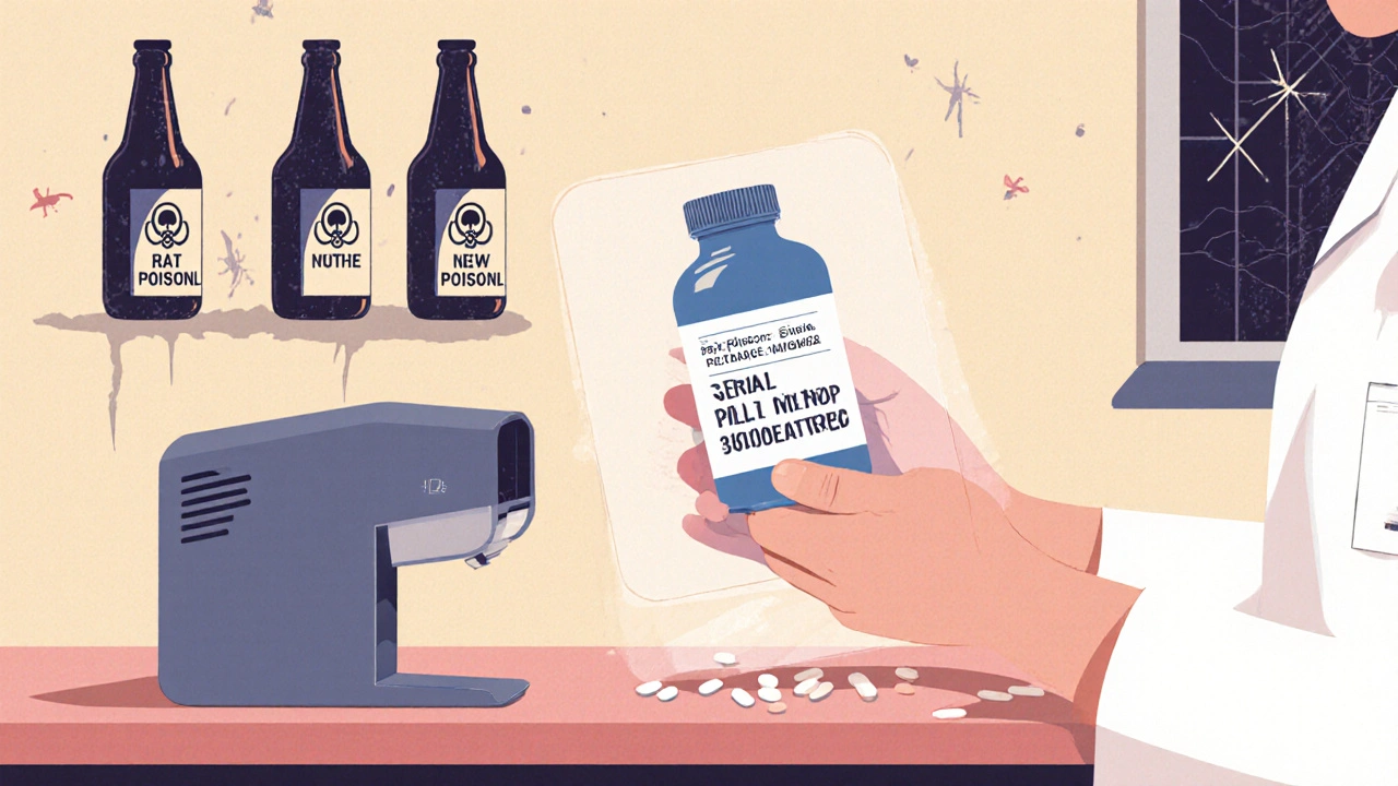 A pharmacist scanning a pill bottle with a holographic verification overlay, while fake drugs loom in shadow.