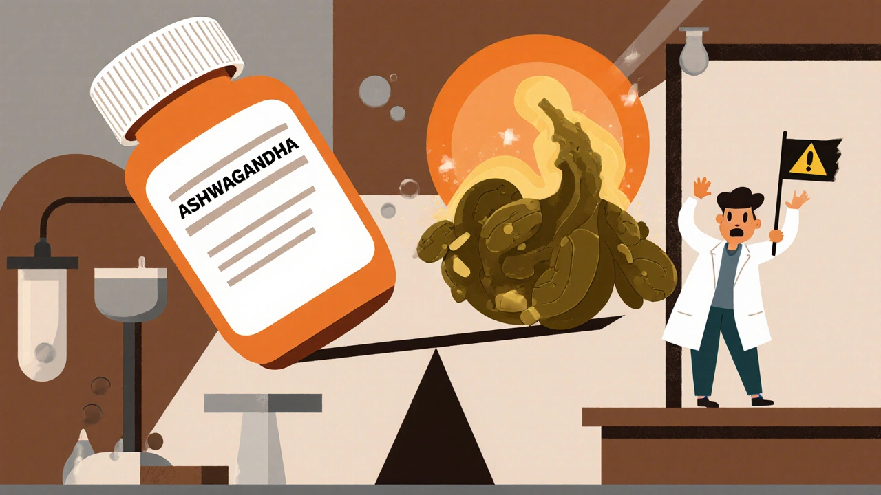 A scale tipping under ashwagandha’s weight, crushing thyroid medication, with a worried scientist.