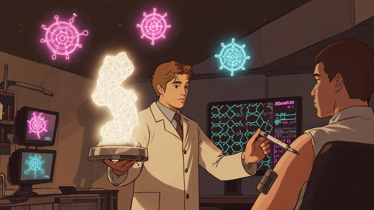 A scientist injecting a sculptural biologic drug, with floating immune targets and vintage-style monitors.