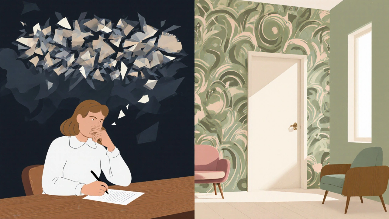 A therapist and patient reviewing a rewritten nightmare with two contrasting dream scenes.