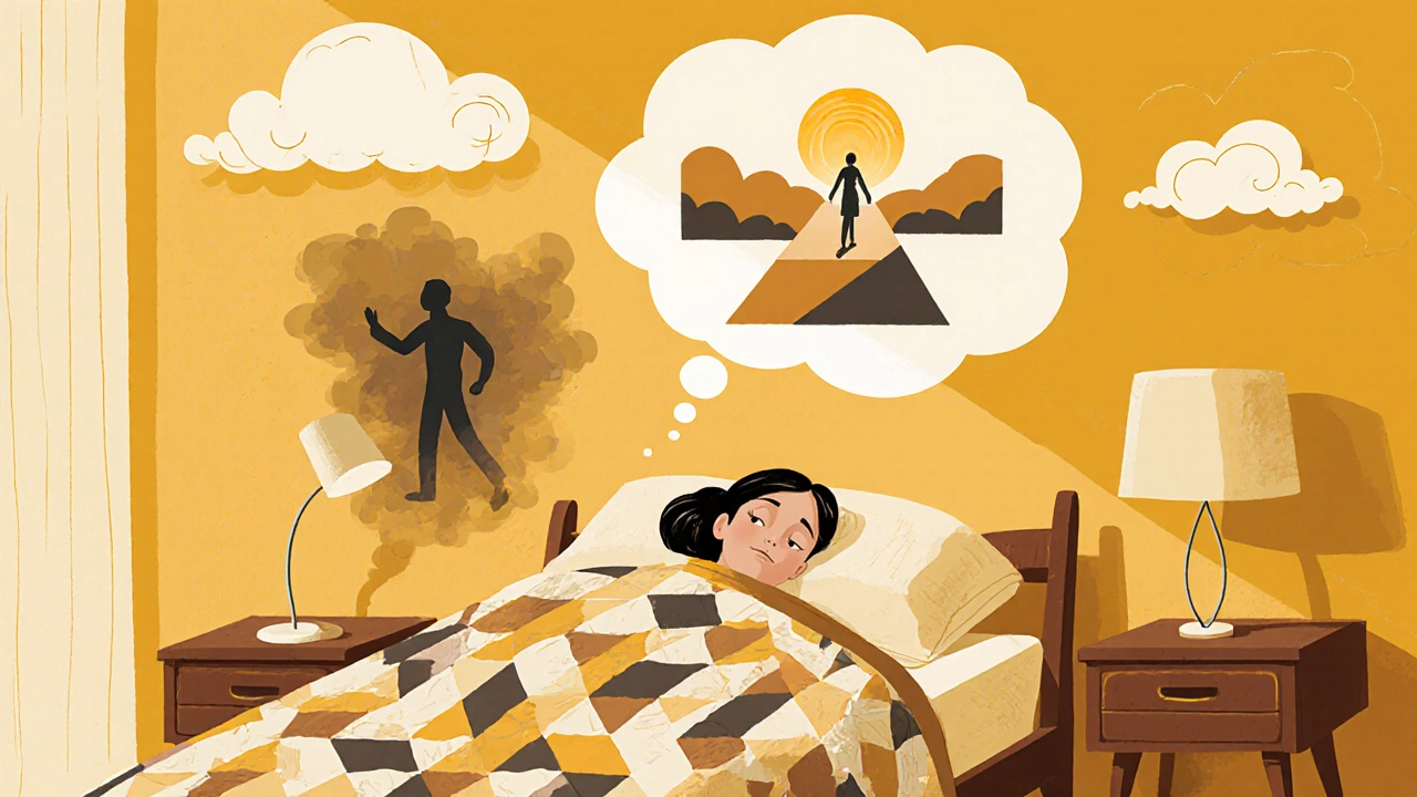 A woman sleeping peacefully as a hopeful dream replaces past trauma above her bed.