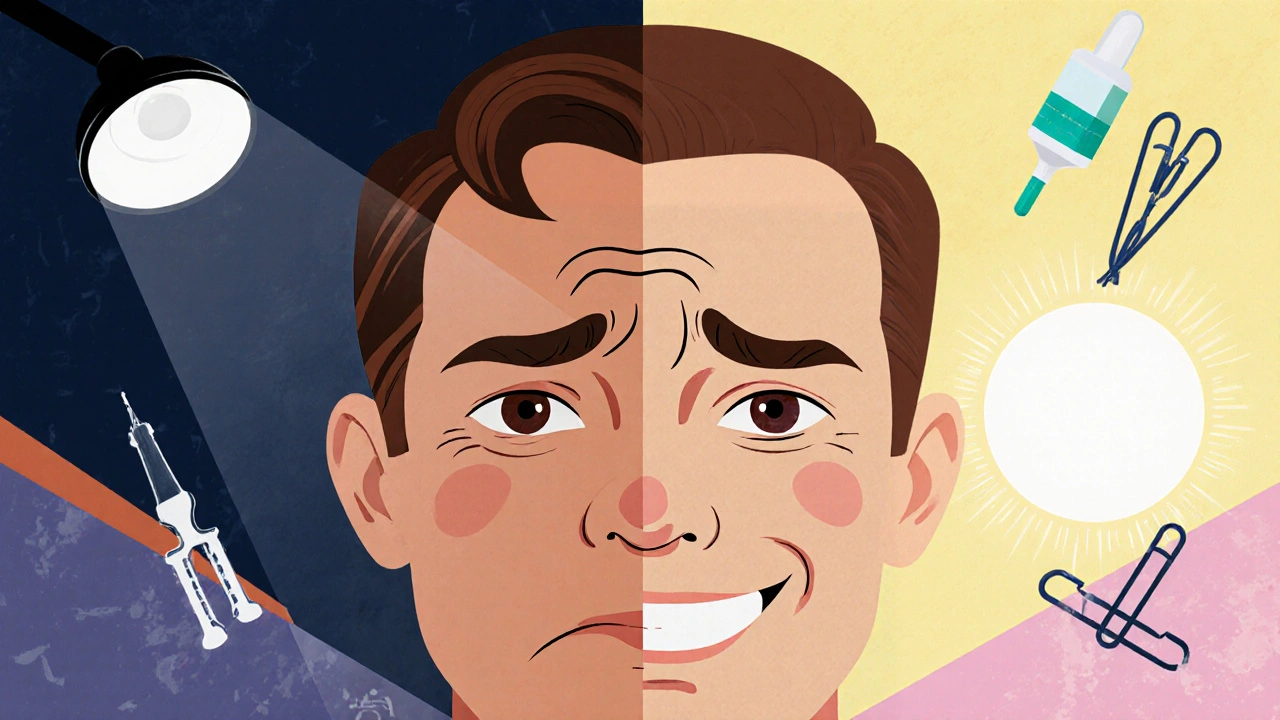 Before-and-after illustration of eyelid surgery with patient smiling post-recovery in clean mid-century design.