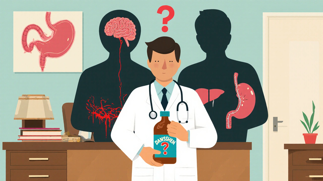 Doctor and patient in 1960s office, Danshen bottle casting shadow of bleeding organs