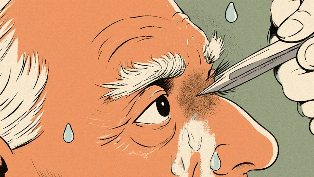 Elderly man’s inward-rolling eyelid with lashes scraping the eye, shown in stylized cartoon form.