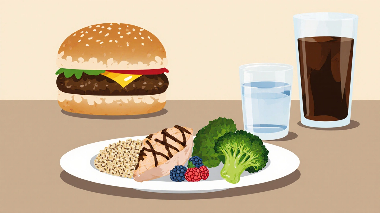 Healthy low-fat, high-protein meal with chicken, quinoa, and berries, beside a small water glass.