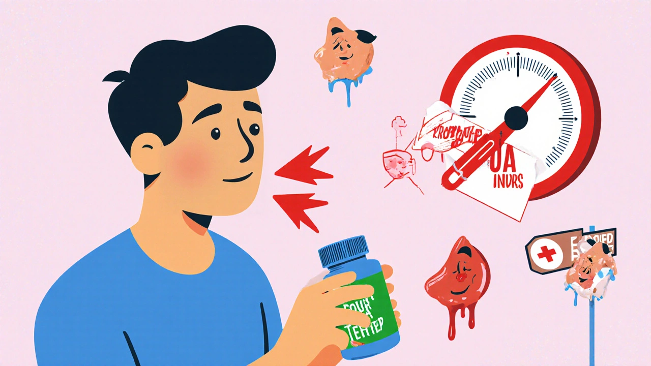 Man taking supplements while a blood thinner meter spikes into danger zone.