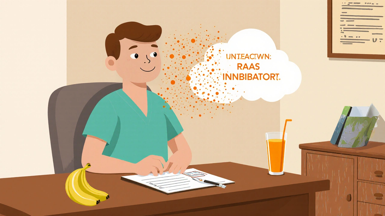 Patient unaware as potassium ions build up around them, with pills and high-potassium foods nearby