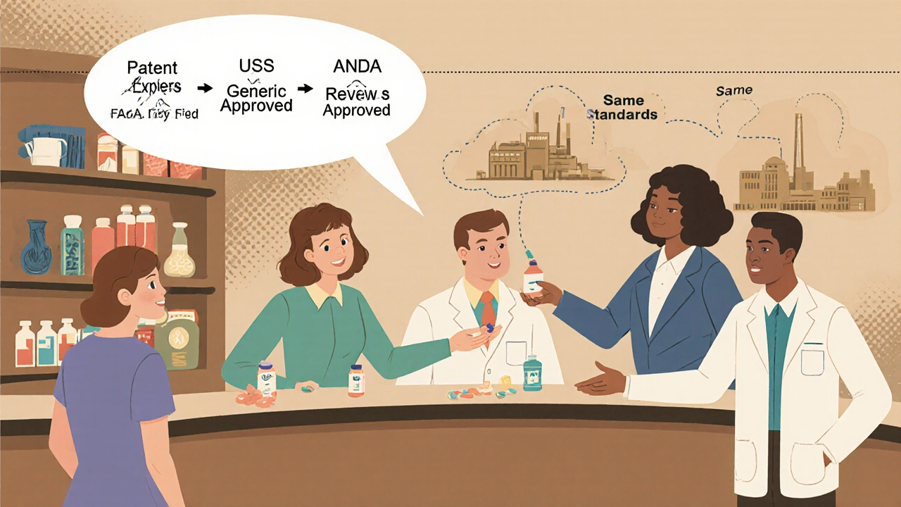 Patients receiving generic medications from a pharmacist, with a timeline of FDA approval floating above.