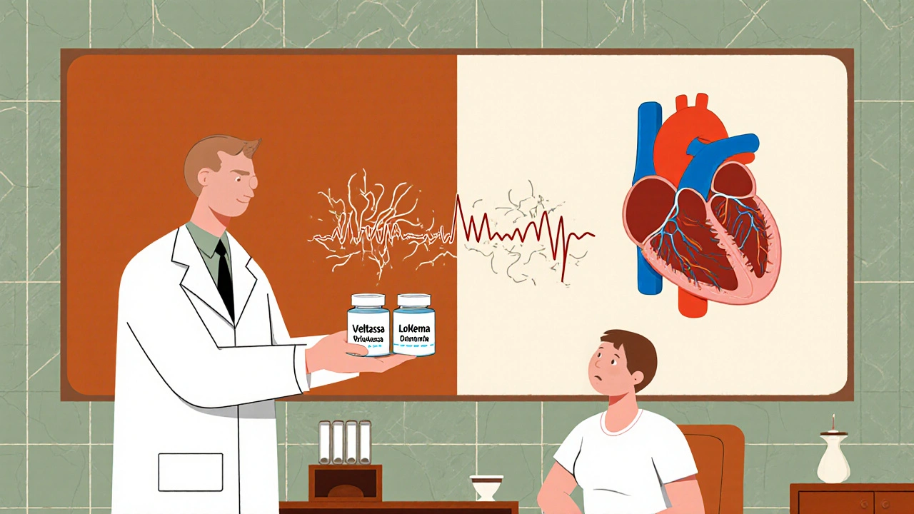 Pharmacist giving potassium binders to patient, with before-and-after heart ECG panels in background