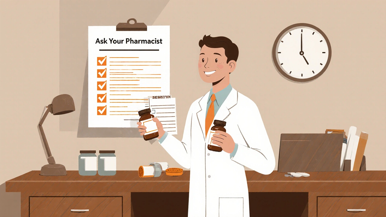 Pharmacist reviewing supplement bottles alongside prescription list with safety checklist.
