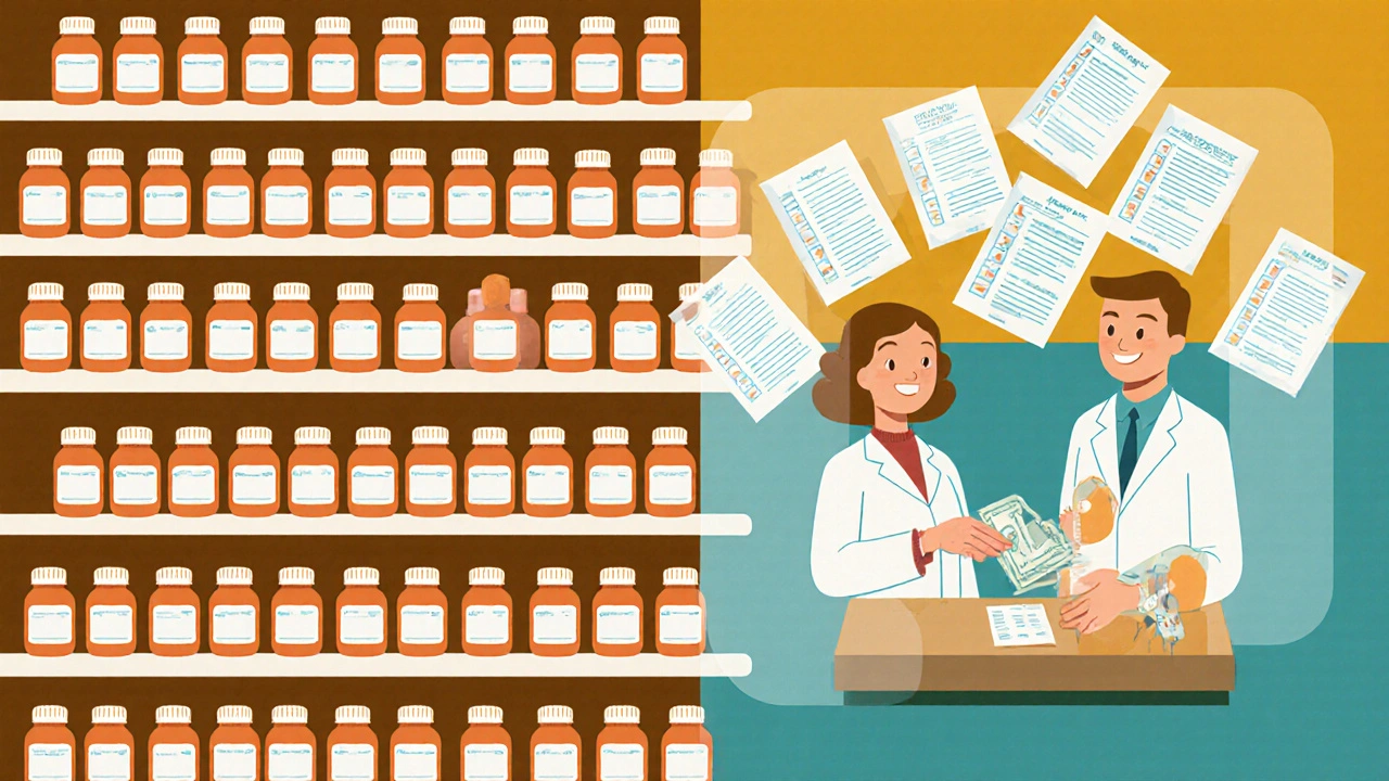 Pharmacy shelf with generic drugs and invisible OGD scientists reviewing applications in background.