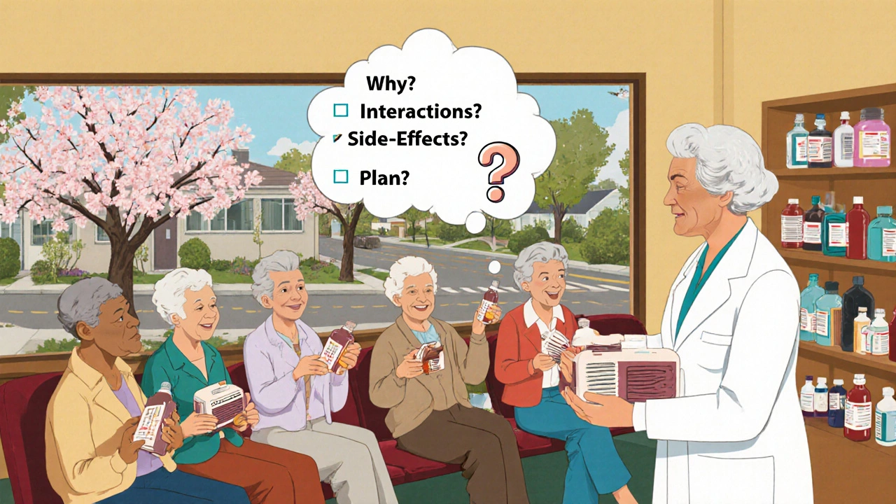 Seniors in a cozy pharmacy waiting area receive personalized medication organizers shaped like retro radios.