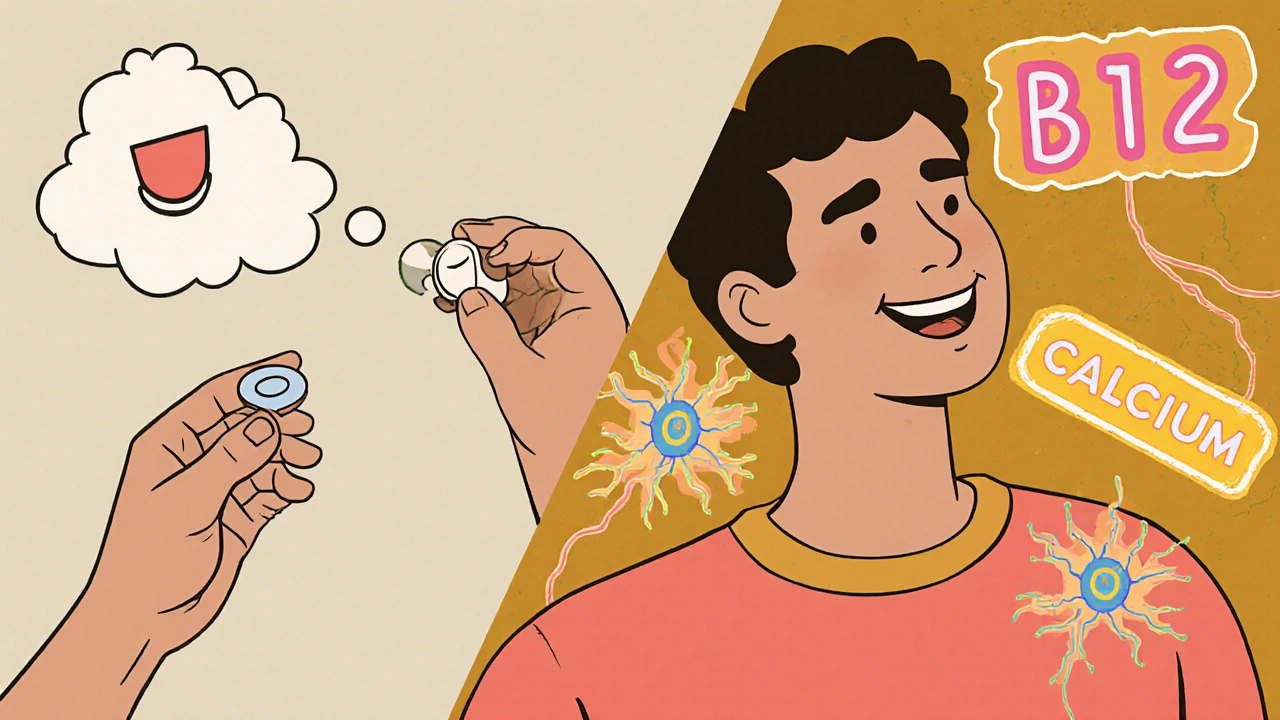 Split scene: B12 loss vs. recovery with supplements and calcium