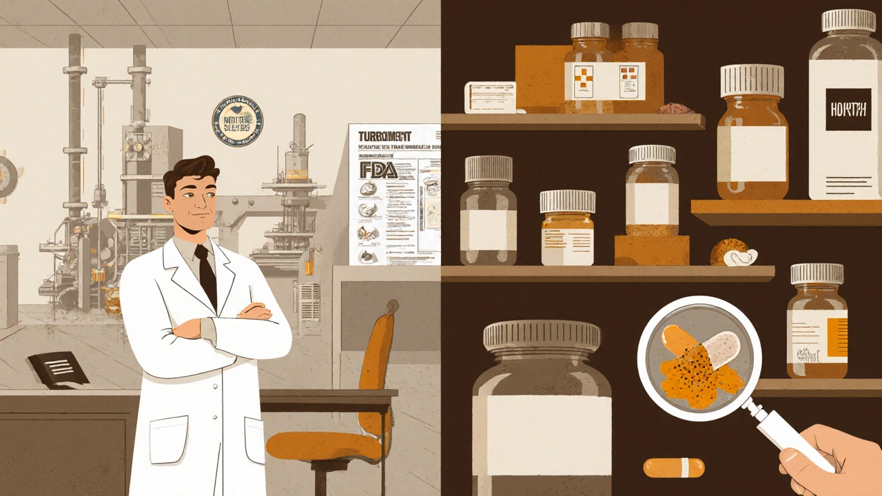 Split-screen comparison of regulated pharmaceutical production vs. unregulated supplements.