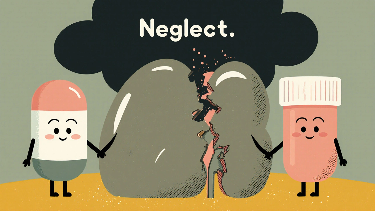 Three medicine pills protecting a healthy kidney, while a damaged one crumbles in the background.