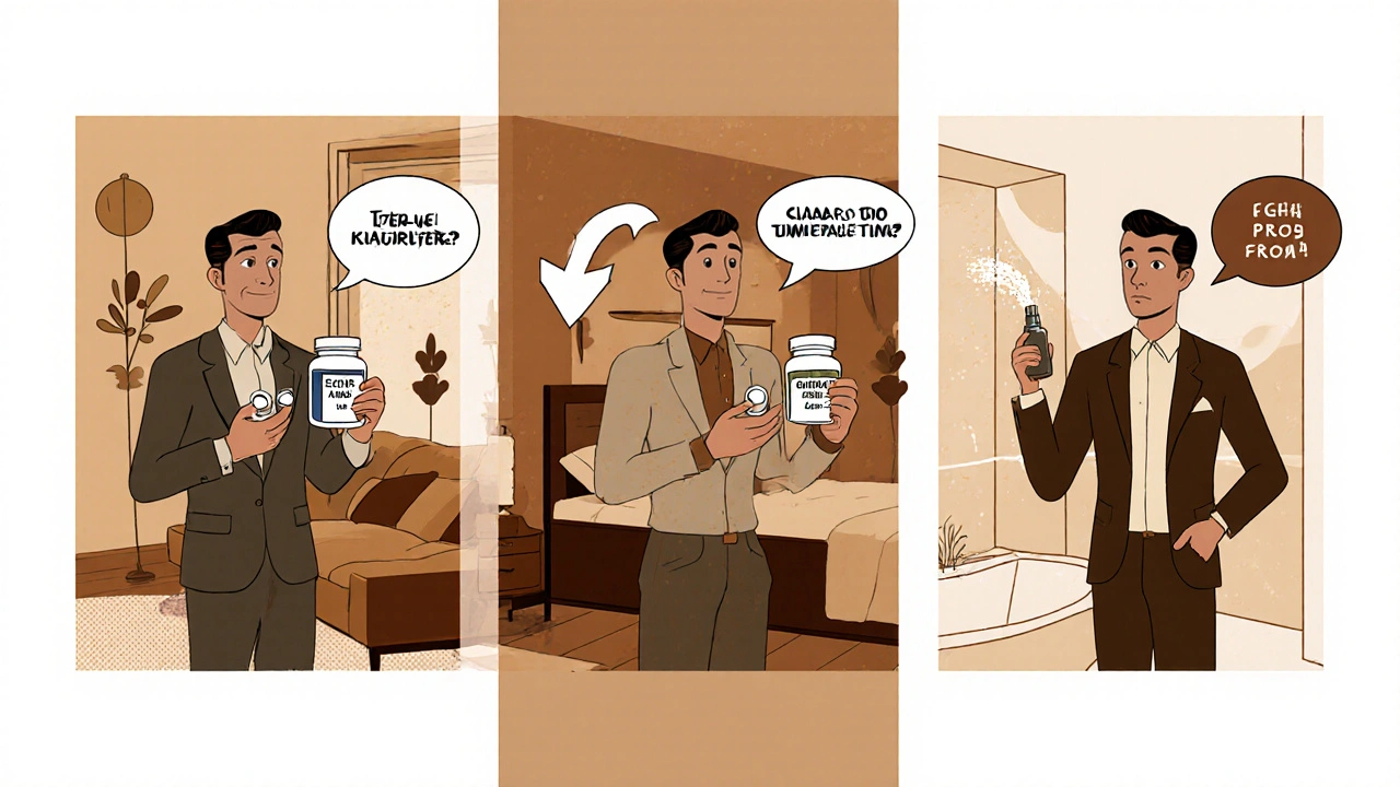 Three men in vintage clothing compare different ED and PE treatments in stylized rooms with visual pros and cons.