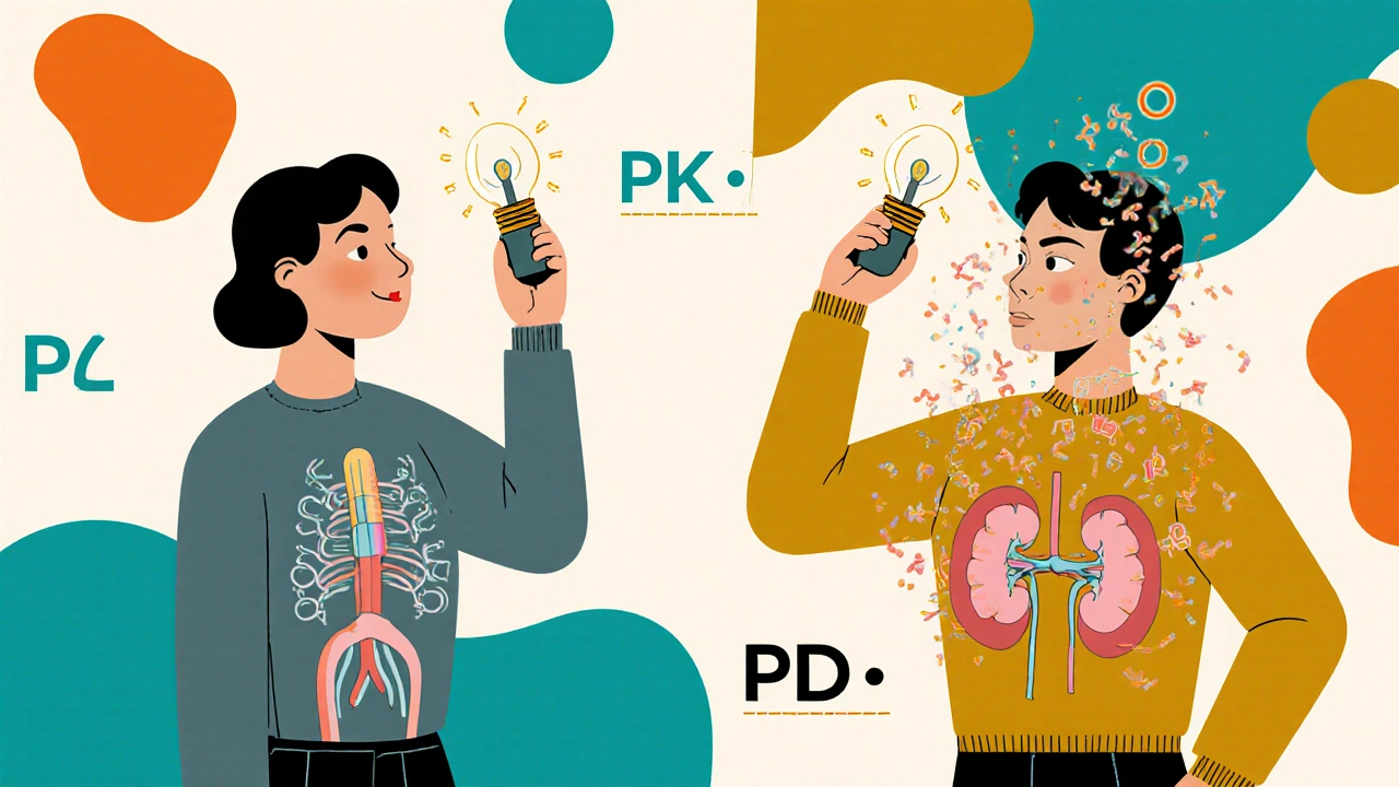 Two people reacting differently to the same pill, with glowing molecular pathways in retro colors.