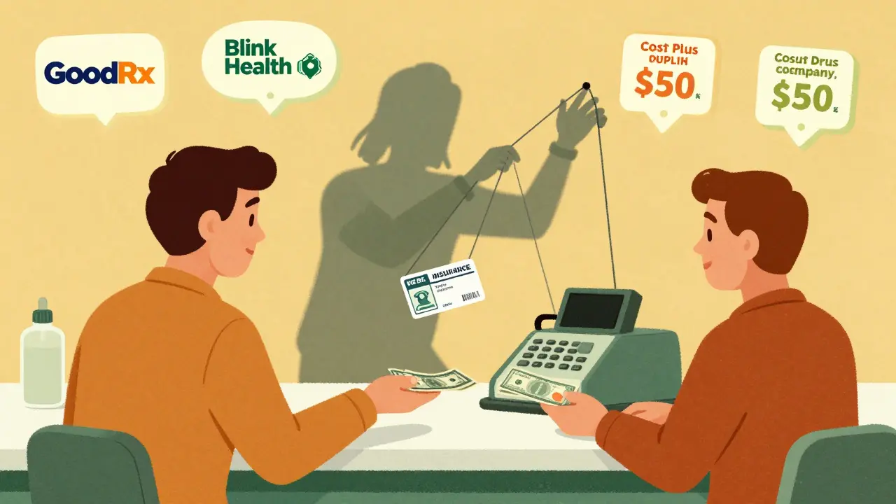 A customer pays cash for a low-priced generic drug while shadowy PBM figures control insurance pricing with invisible strings.