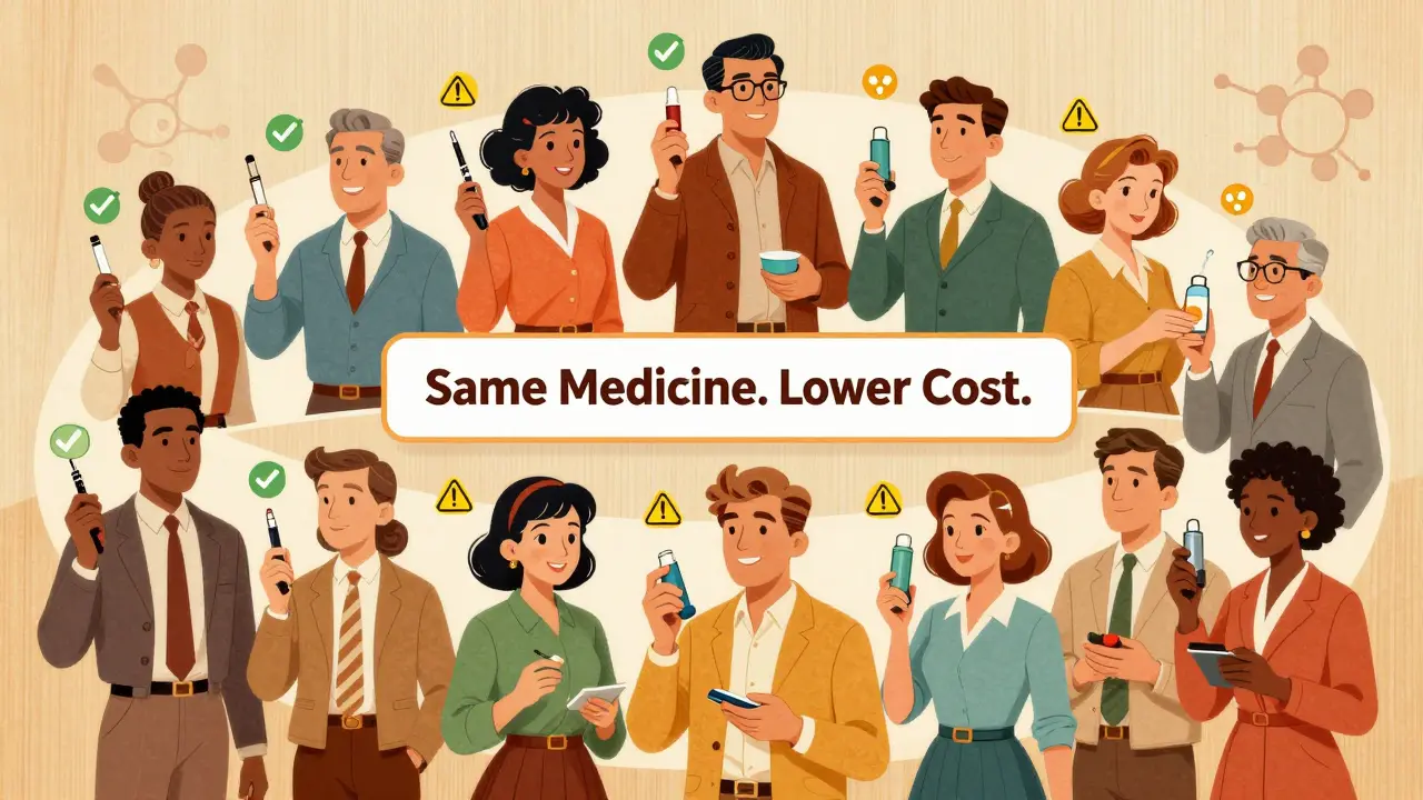 A group of people holding different medications with icons indicating safety, arranged in a circular mid-century style poster.