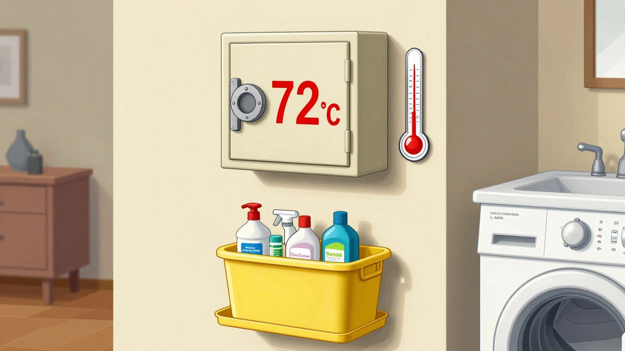 A locked medicine box on a high wall and cleaning supplies in a labeled bin below, six feet apart in a home setting.