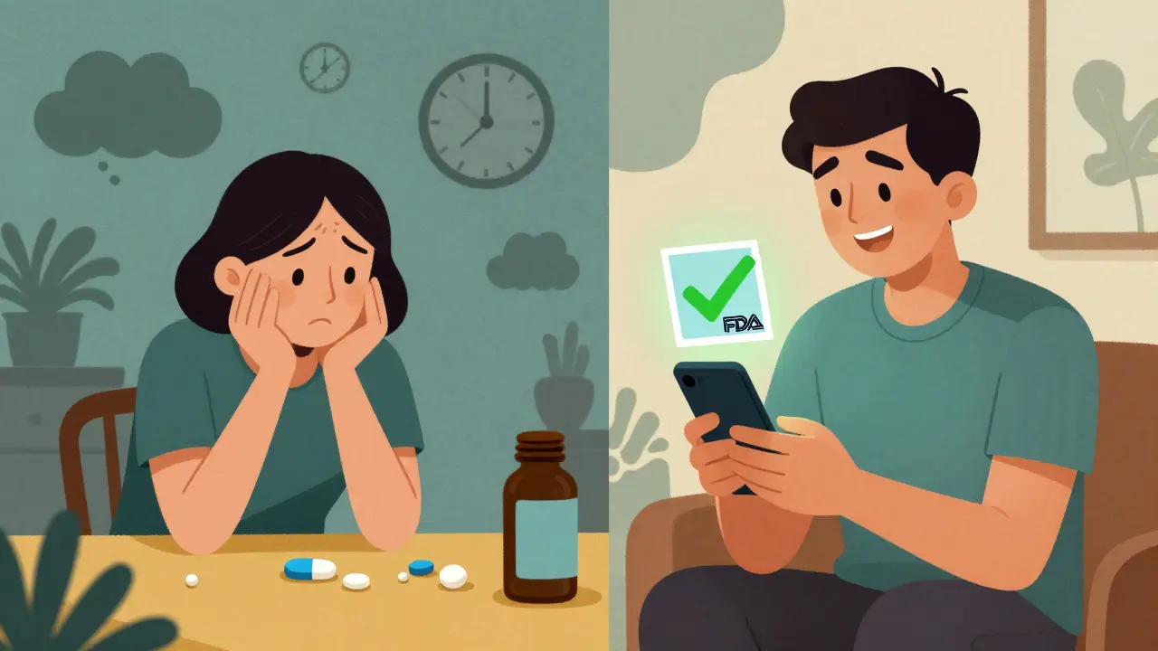 A patient comparing pill shapes, with anxiety on one side and confidence on the other, holding a photo of their medication.