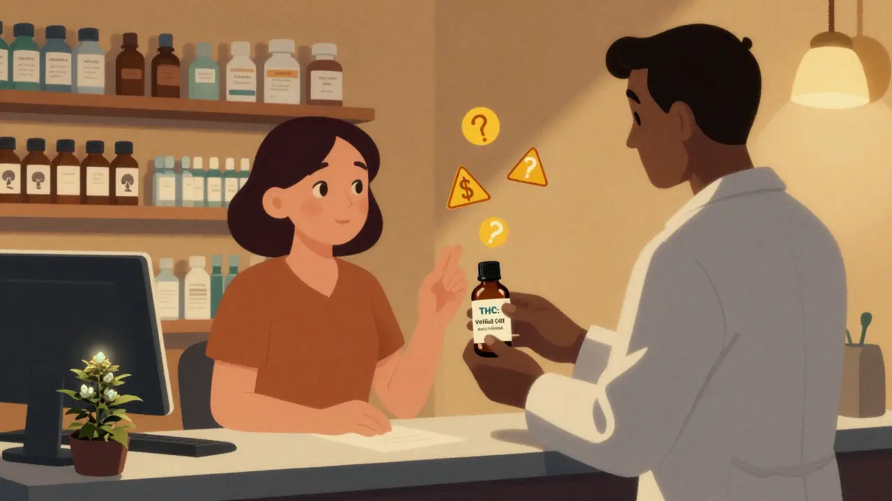 A patient receives a verified THC product at a pharmacy while mislabeled CBD bottles clutter the background.