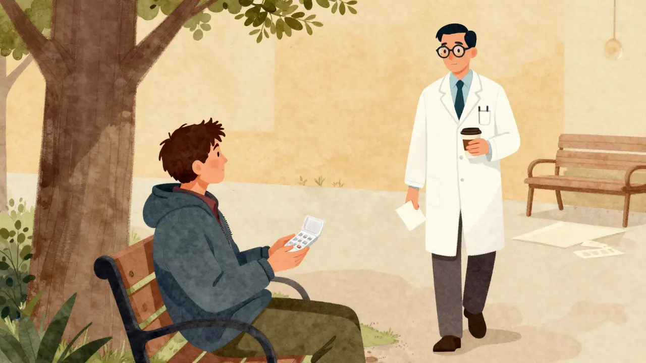 A person on a park bench holds one pill, as a distant figure approaches with coffee and a note — quiet, dignified support in a mid-century setting.