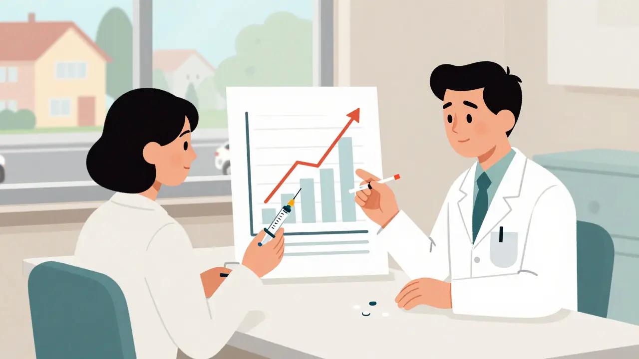 A pharmacist and psychiatrist collaborate at a minimalist desk, offering a once-daily pill and long-acting injection as adherence rises on a stylized graph.