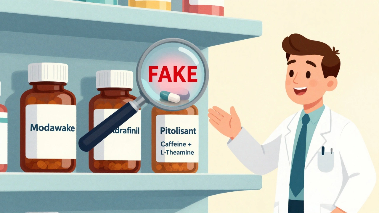 A retro pharmacy shelf with cognitive enhancer bottles and a warning sign for counterfeit pills, illustrated in mid-century modern style.