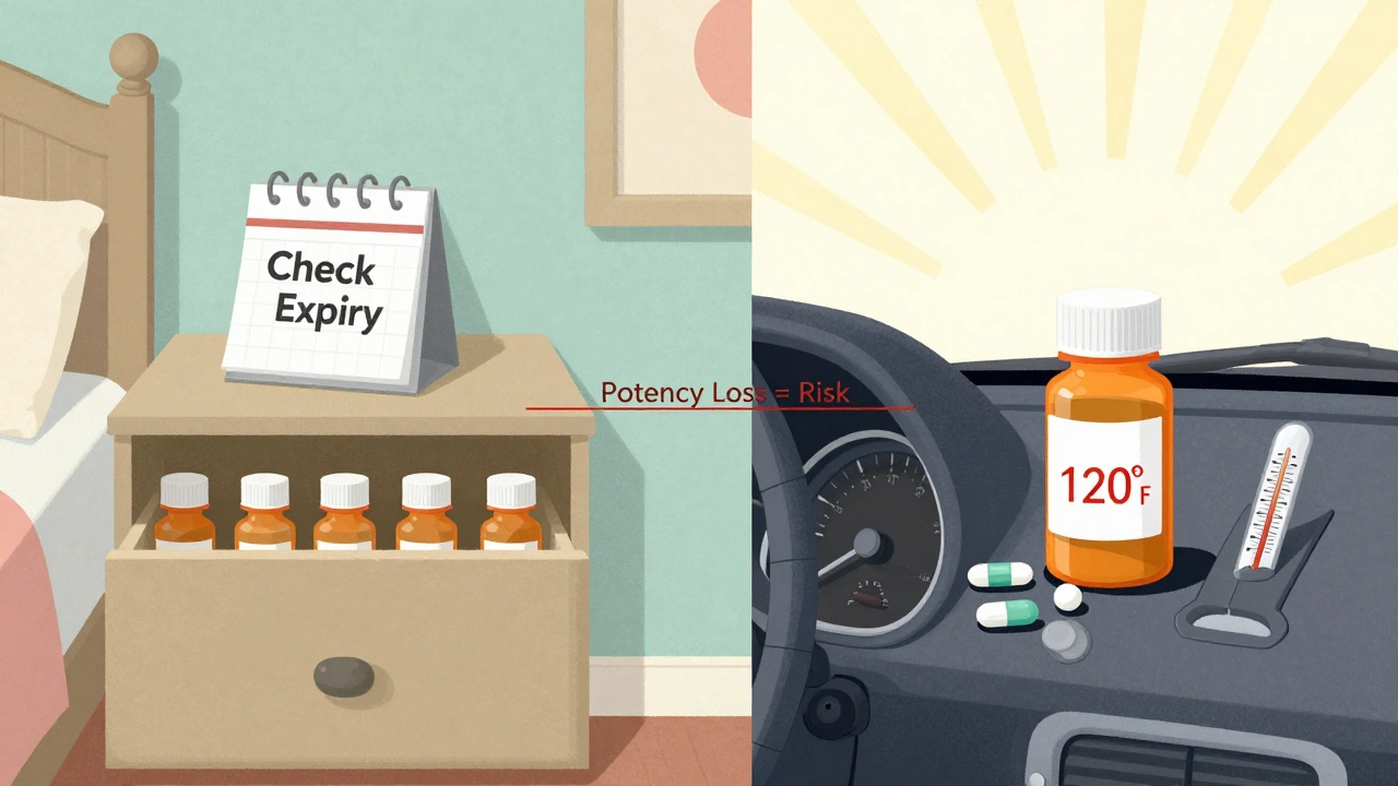 A split illustration showing proper vs. improper storage of an NTI medication bottle.
