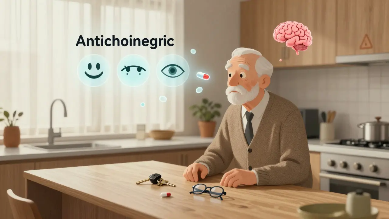 An elderly man confused in his kitchen as ghostly pills and symptoms float above him, symbolizing anticholinergic side effects.