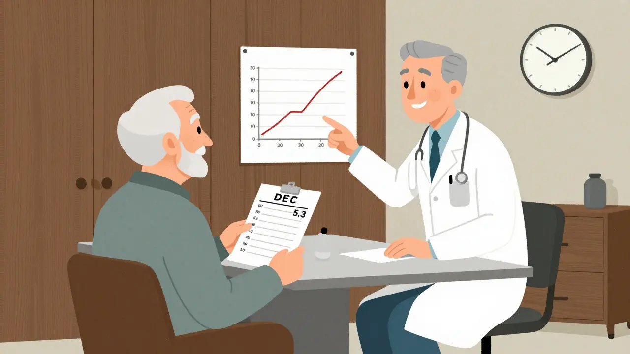 An elderly patient and doctor reviewing a blood test with potassium levels in a mid-century modern office setting.