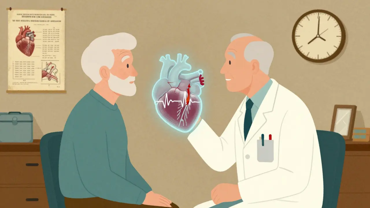 An elderly patient in a doctor’s office with a translucent heart showing prolonged QT interval, rendered in vintage mid-century cartoon style.