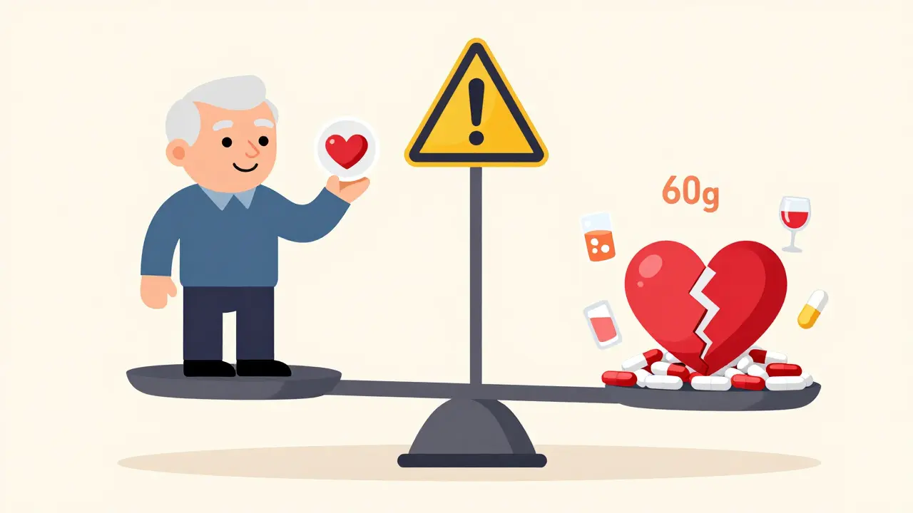 Balanced scale comparing safe escitalopram use versus dangerous citalopram overdose with warning icons in mid-century design.