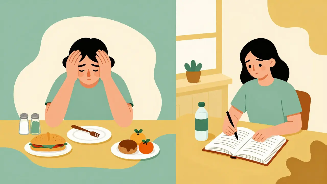 Before and after contrast of Meniere’s diet: chaotic high-sodium meal vs calm low-sodium lifestyle.