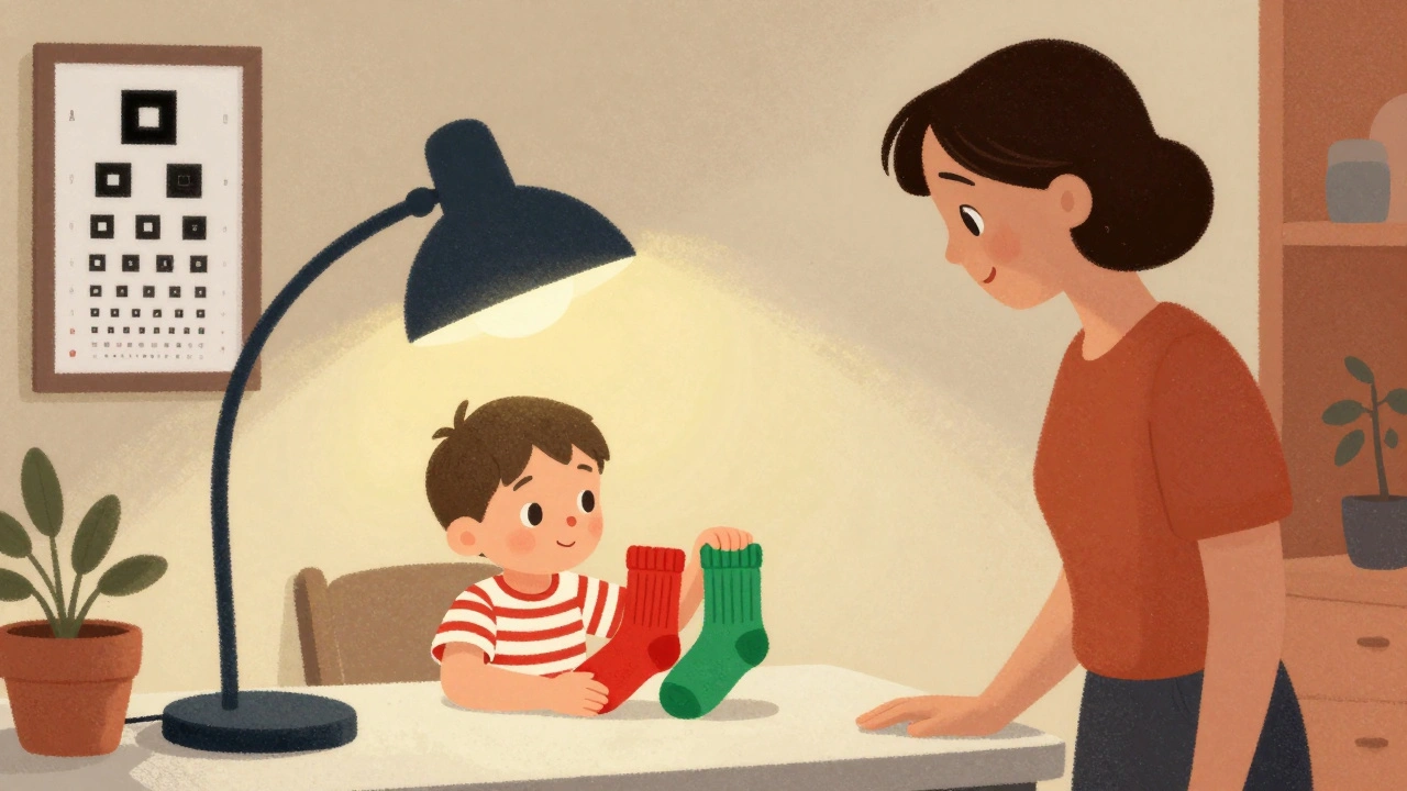 Boy struggling to match red and green socks under a warm kitchen lamp