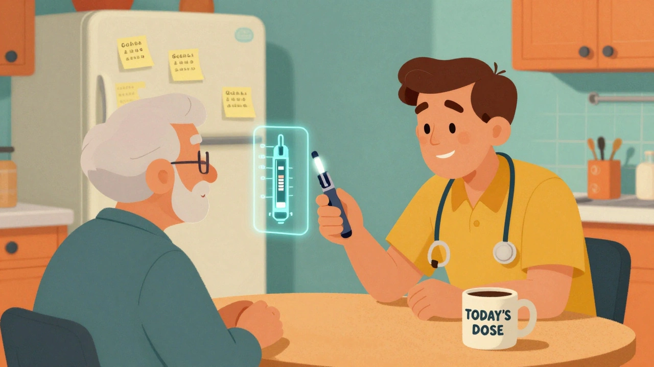 Caregiver and patient reviewing insulin pen with glowing LED, sticky notes on fridge, retro kitchen setting