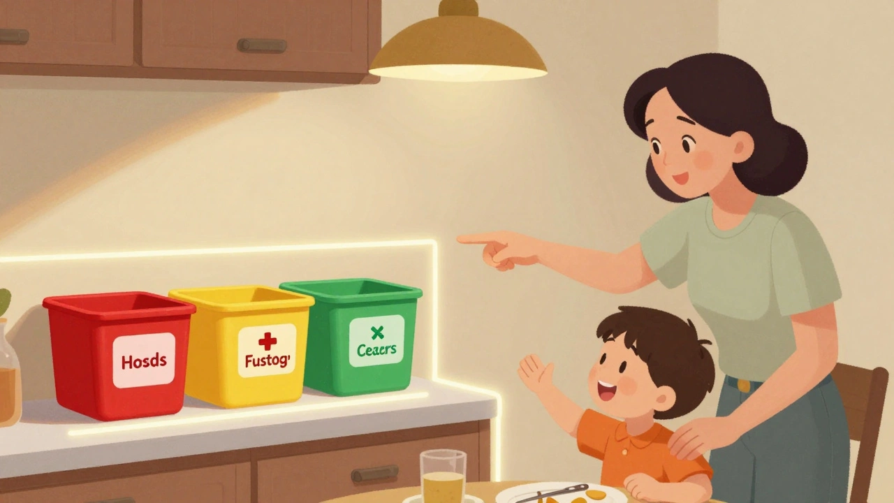 Color-coded bins for meds, cleaners, and first aid on a counter, with a child playing safely nearby.