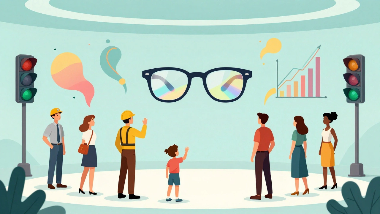 Diverse people in a room with floating color-coded objects and EnChroma glasses