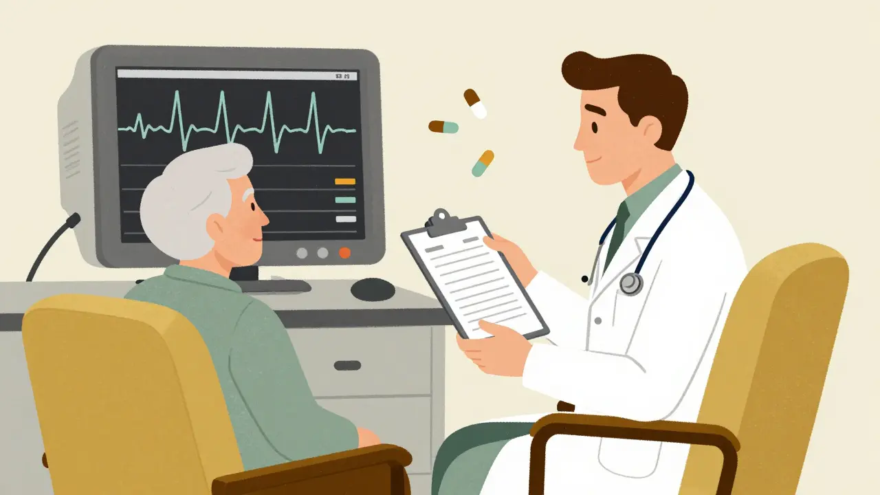 Doctor and elderly patient discussing medication, with ECG monitor showing prolonged QT interval in retro cartoon style.
