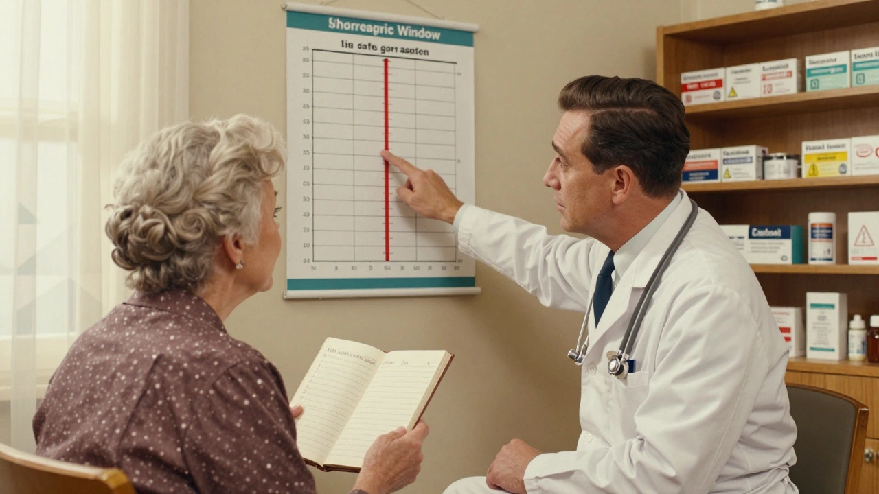 Doctor and elderly patient reviewing a narrow therapeutic window chart in a 1960s-style clinic