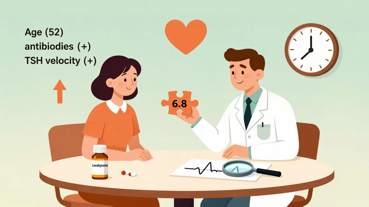 Doctor and patient discussing TSH decision with floating factors like antibodies and age.