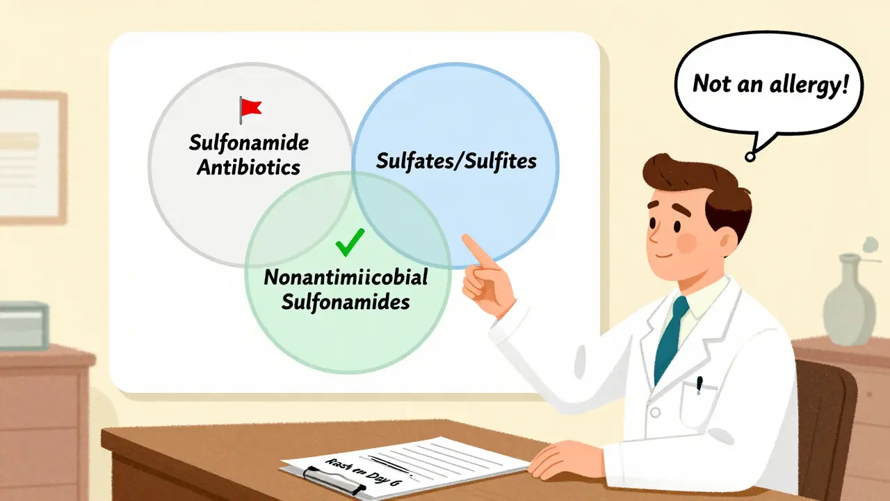Doctor explaining chemical differences between sulfonamide antibiotics and other sulf-containing drugs using a Venn diagram.