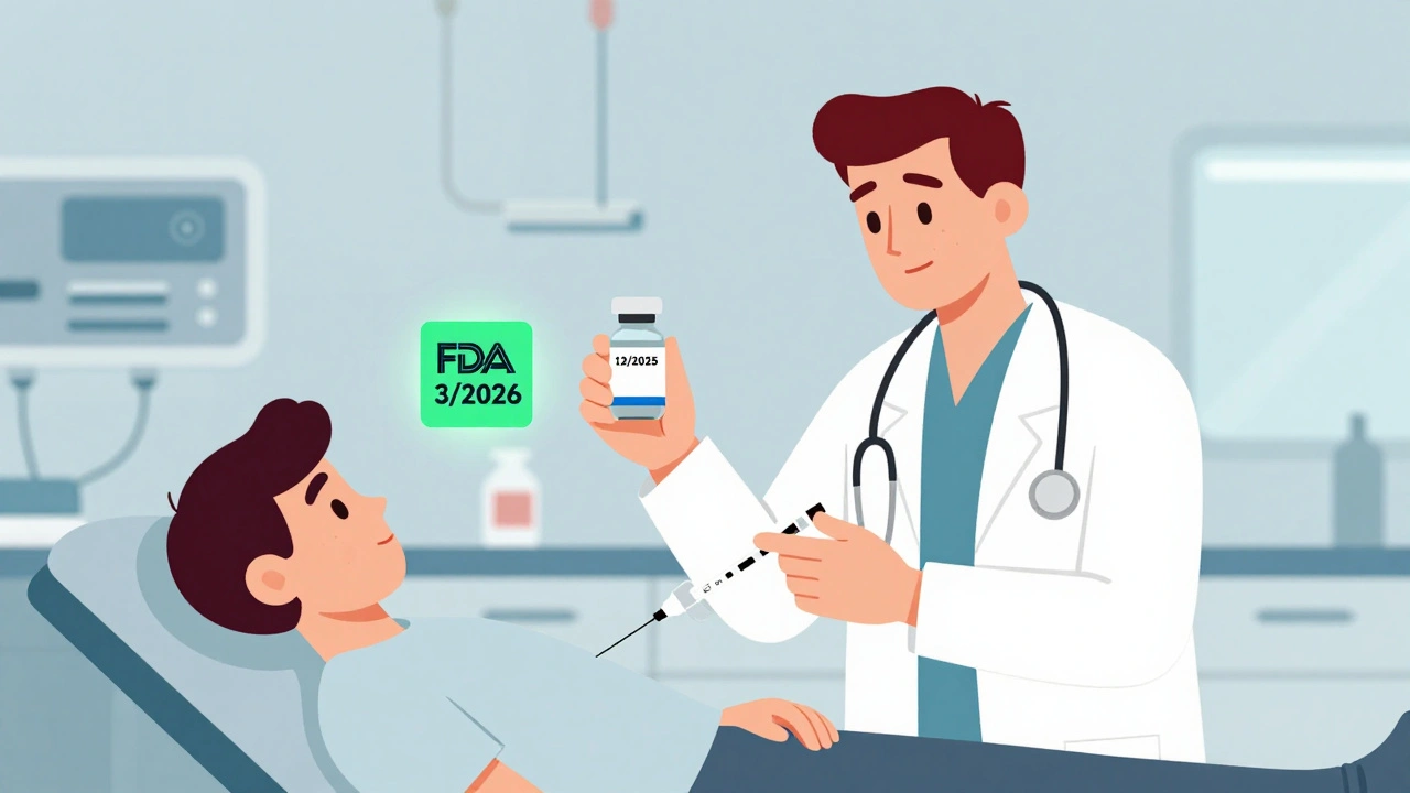 Doctor giving an epinephrine injection as an FDA-approved extended expiration sticker glows beside the vial in an ER scene.