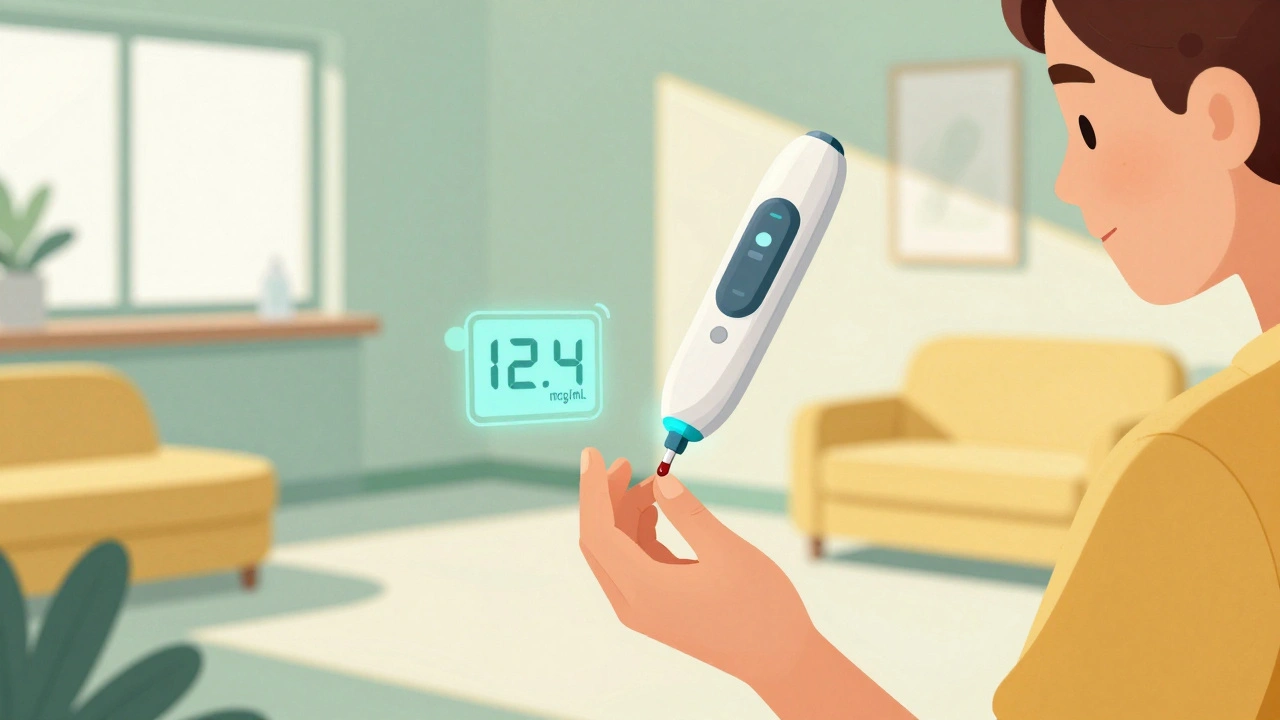 Finger-prick device measuring drug levels with floating digital readouts in a modern clinic