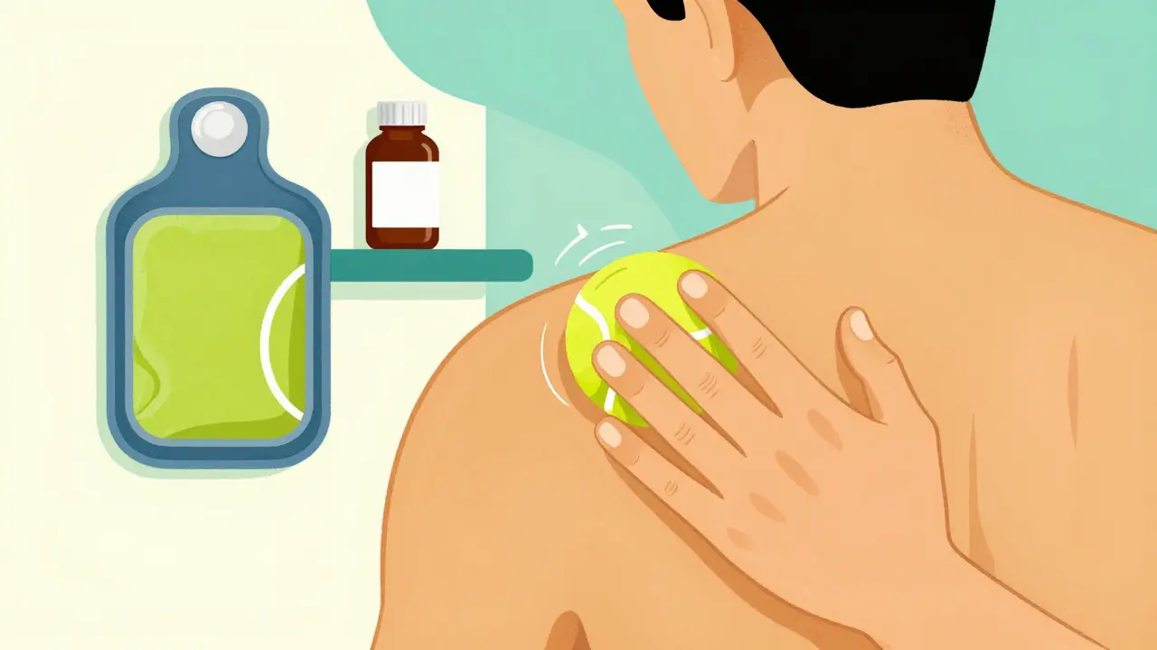 Hand using tennis ball against wall to release shoulder trigger point with healing tools nearby